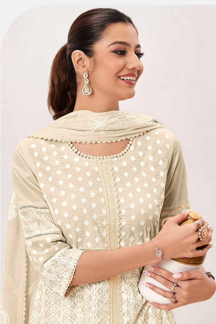 Pure Cotton Heavy Embroidery Patchwork Long Salwar Kameez In Beige Color
