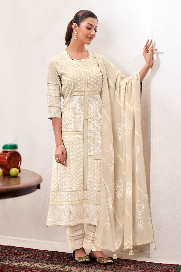 Pure Cotton Heavy Embroidery Patchwork Long Salwar Kameez In Beige Color