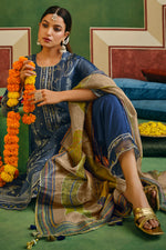 Load image into Gallery viewer, Navy Blue Jacquard Embroidered Designer Straight Cut Salwar Suit
