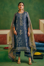 Load image into Gallery viewer, Navy Blue Jacquard Embroidered Designer Straight Cut Salwar Suit
