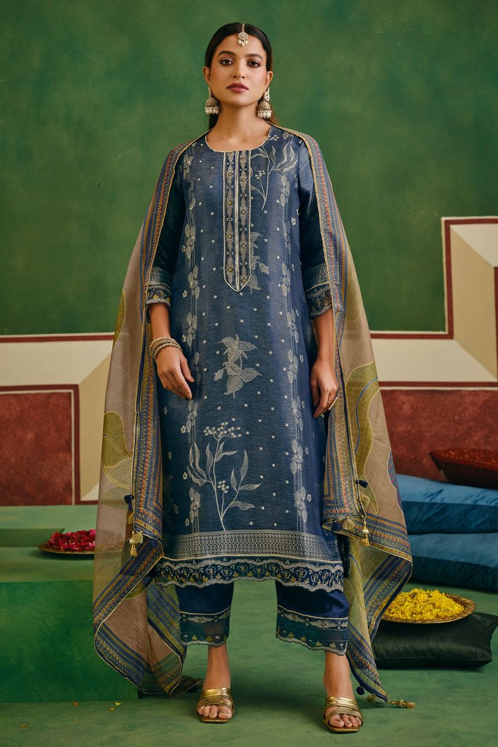Navy Blue Jacquard Embroidered Designer Straight Cut Salwar Suit