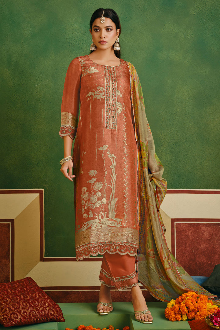 Jacquard Rust Color Embroidered Designer Straight Cut Suit