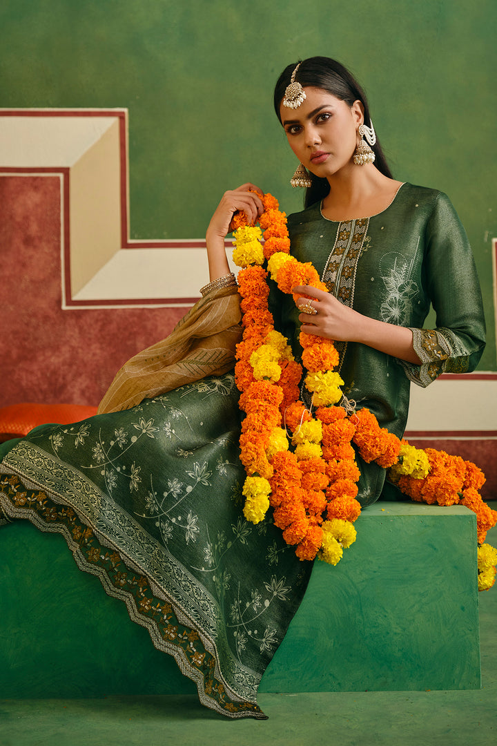 Jacquard Embroidered Green Designer Straight Cut Dress