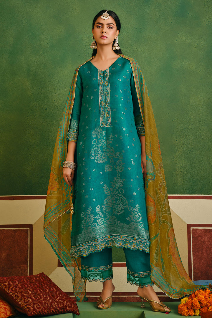 Jacquard Embroidered Designer Straight Cut Salwar Suit In Teal Color