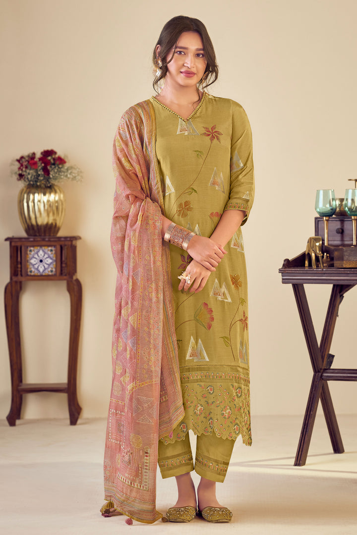 Designer Pure Muslin Jacquard Embroidered Salwar Suit with Fancy Brush Print in Brown