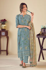 Load image into Gallery viewer, Designer Sky Blue Pure Muslin Jacquard Straight Cut Suit with Fancy Brush Print
