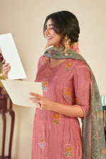 Load image into Gallery viewer, Designer Pure Muslin Jacquard Salwar Suit in Pink with Fancy Brush Print and Embroidery
