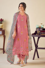 Load image into Gallery viewer, Designer Pure Muslin Jacquard Salwar Suit in Pink with Fancy Brush Print and Embroidery
