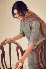 Load image into Gallery viewer, Designer Pure Muslin Jacquard Straight Cut Salwar Kameez with Fancy Brush Print in Grey
