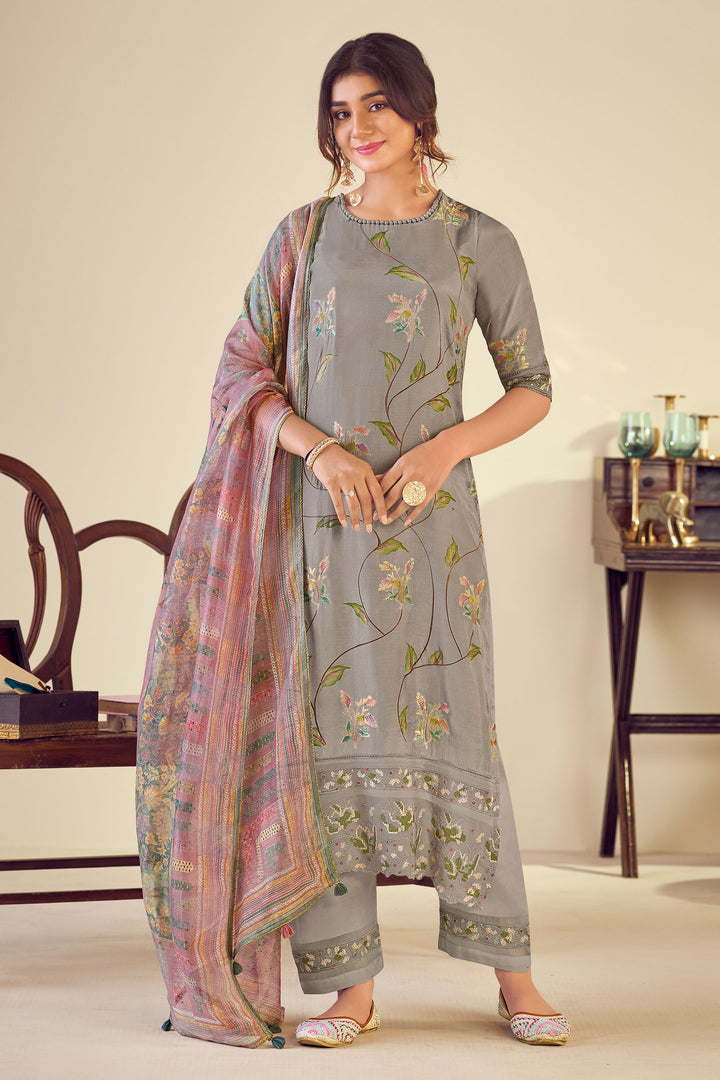 Designer Pure Muslin Jacquard Straight Cut Salwar Kameez with Fancy Brush Print in Grey