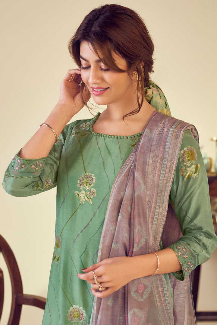 Sea Green Pure Muslin Jacquard Straight Cut Salwar Suit with Fancy Brush Print & Embroidery