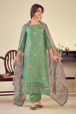 Load image into Gallery viewer, Sea Green Pure Muslin Jacquard Straight Cut Salwar Suit with Fancy Brush Print &amp; Embroidery
