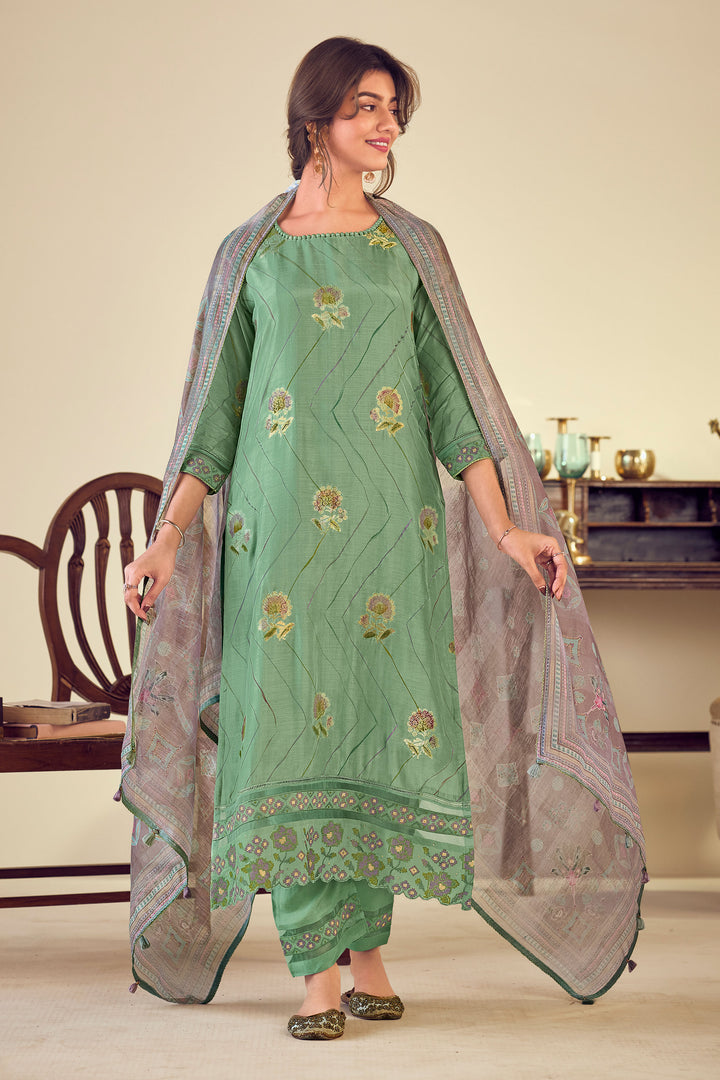 Sea Green Pure Muslin Jacquard Straight Cut Salwar Suit with Fancy Brush Print & Embroidery