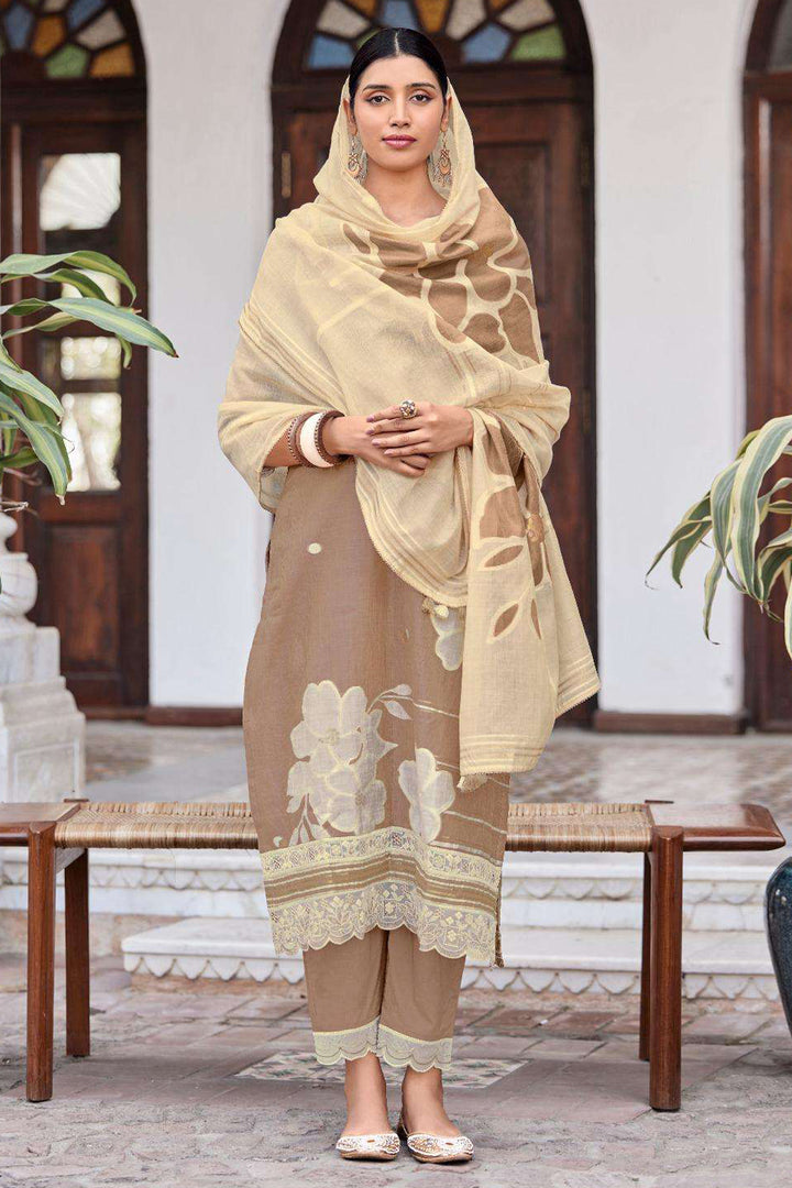 Dark Beige Pure South Cotton Dyed Jacquard Straight Cut Suit