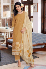 Load image into Gallery viewer, Pure South Cotton Dyed Jacquard Straight Cut Salwar Kameez In Light Brown Color
