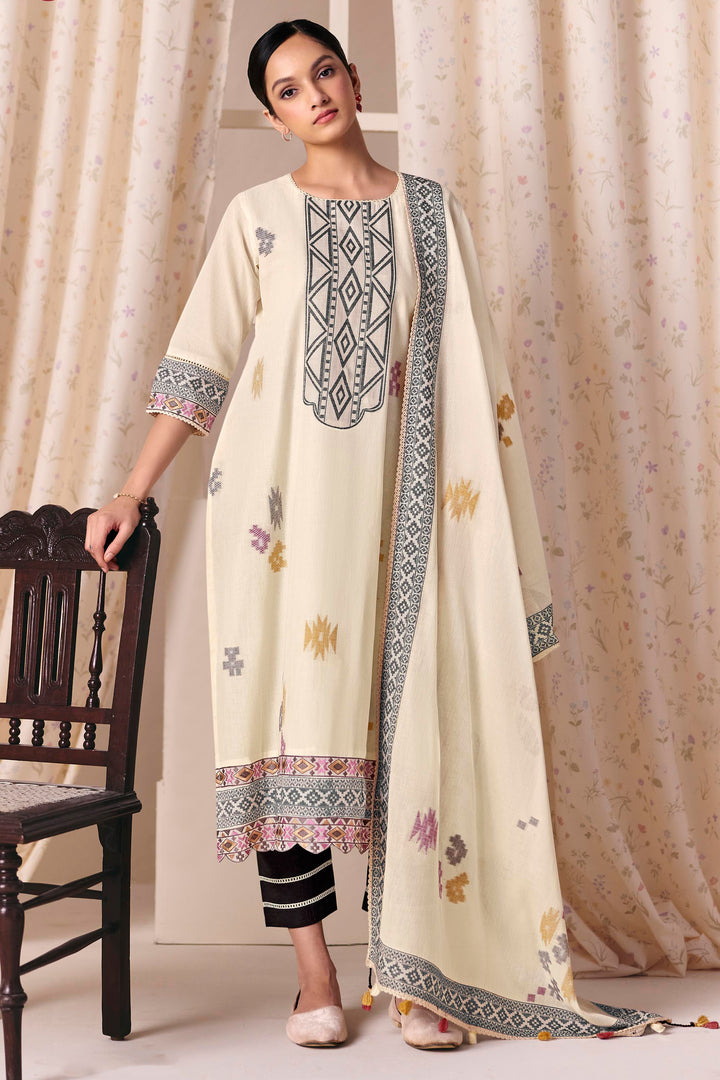 Off White Premium Cotton Jacquard Work Designer Salwar Kameez