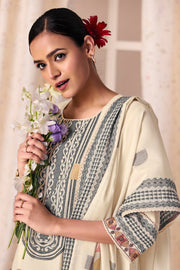 Elegant Off White Cotton Jacquard Embroidered Designer Salwar Suit