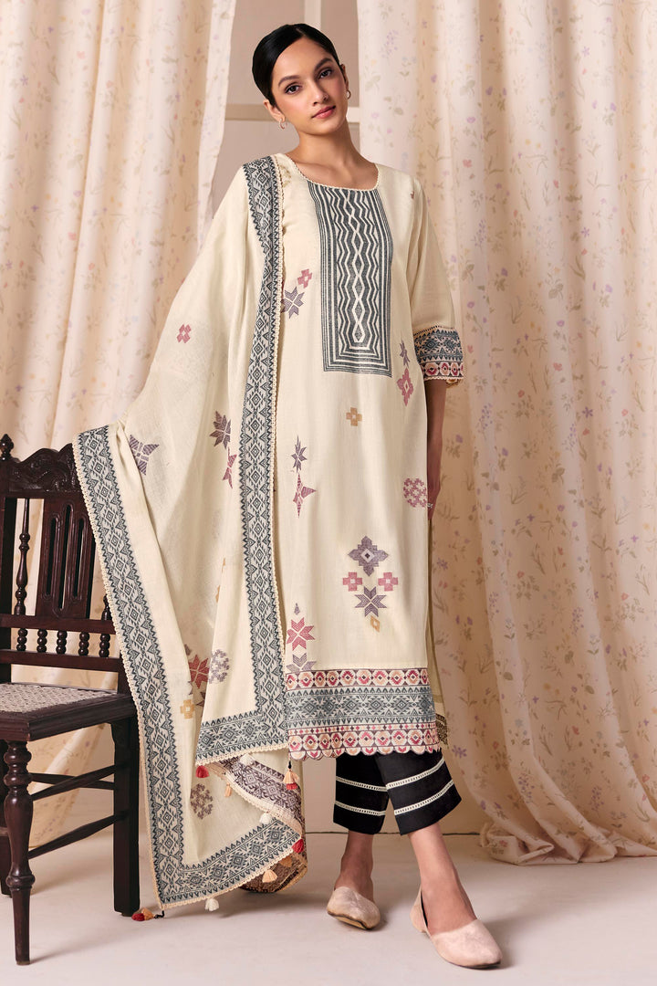Premium Off White Cotton Jacquard Work Salwar Kameez