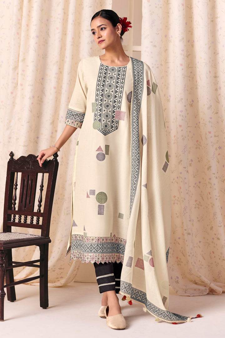 Designer Off White Cotton Suit With Fancy Dupatta