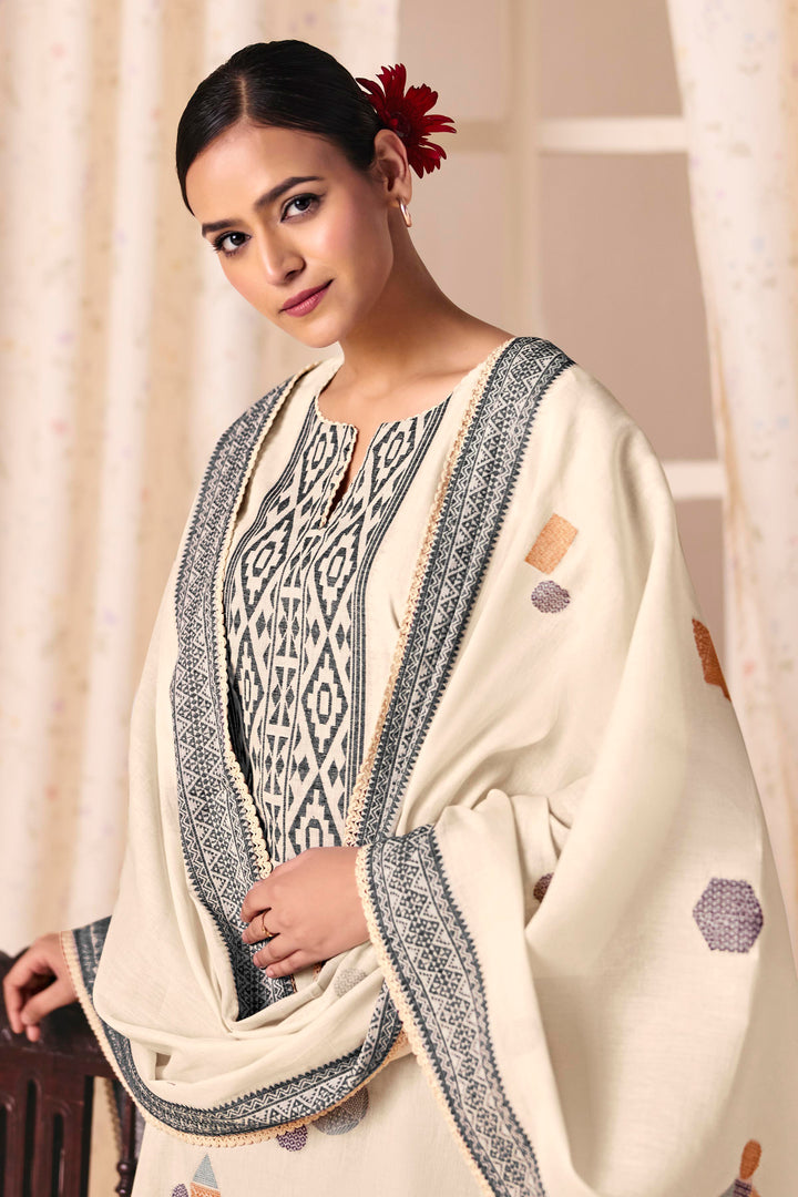 Luxury Cotton Jacquard Off White Salwar Kameez For Women