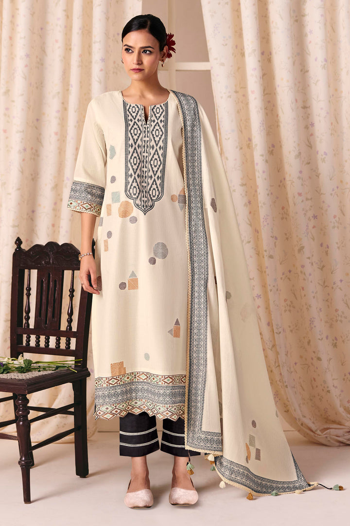 Luxury Cotton Jacquard Off White Salwar Kameez For Women