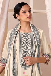 Traditional Off White Embroidered Cotton Suit With Lace Work Dupatta