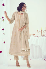 Load image into Gallery viewer, Dark Beige Pure Cotton Foil Print With Embroidery Work Fancy Salwar Kameez
