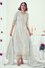 Load image into Gallery viewer, Grey Pure Cotton Foil Print With Embroidery Work Fancy Salwar Suit
