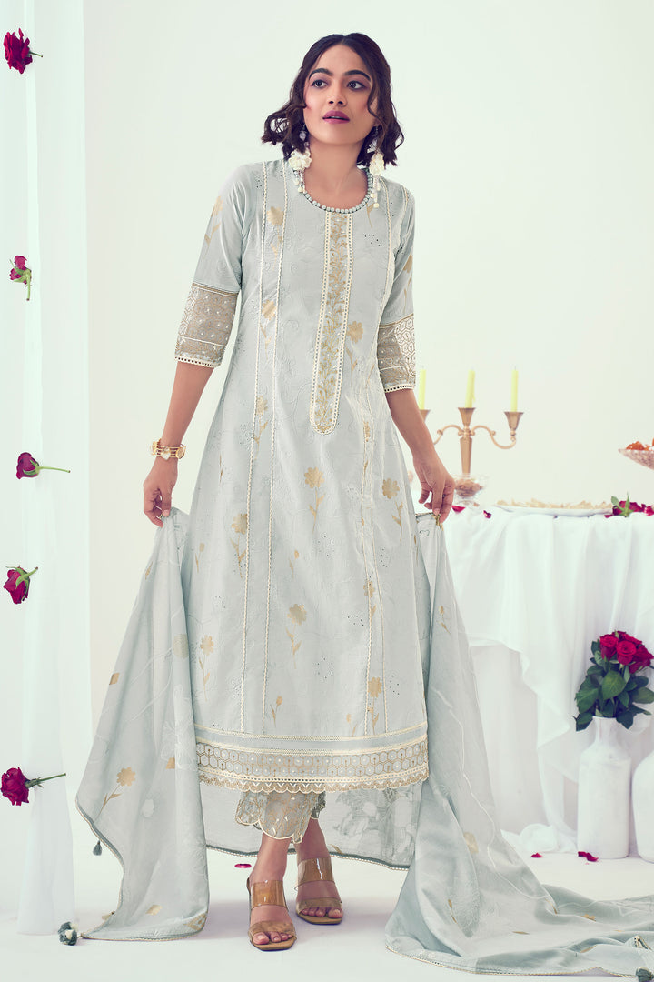 Grey Pure Cotton Foil Print With Embroidery Work Fancy Salwar Suit