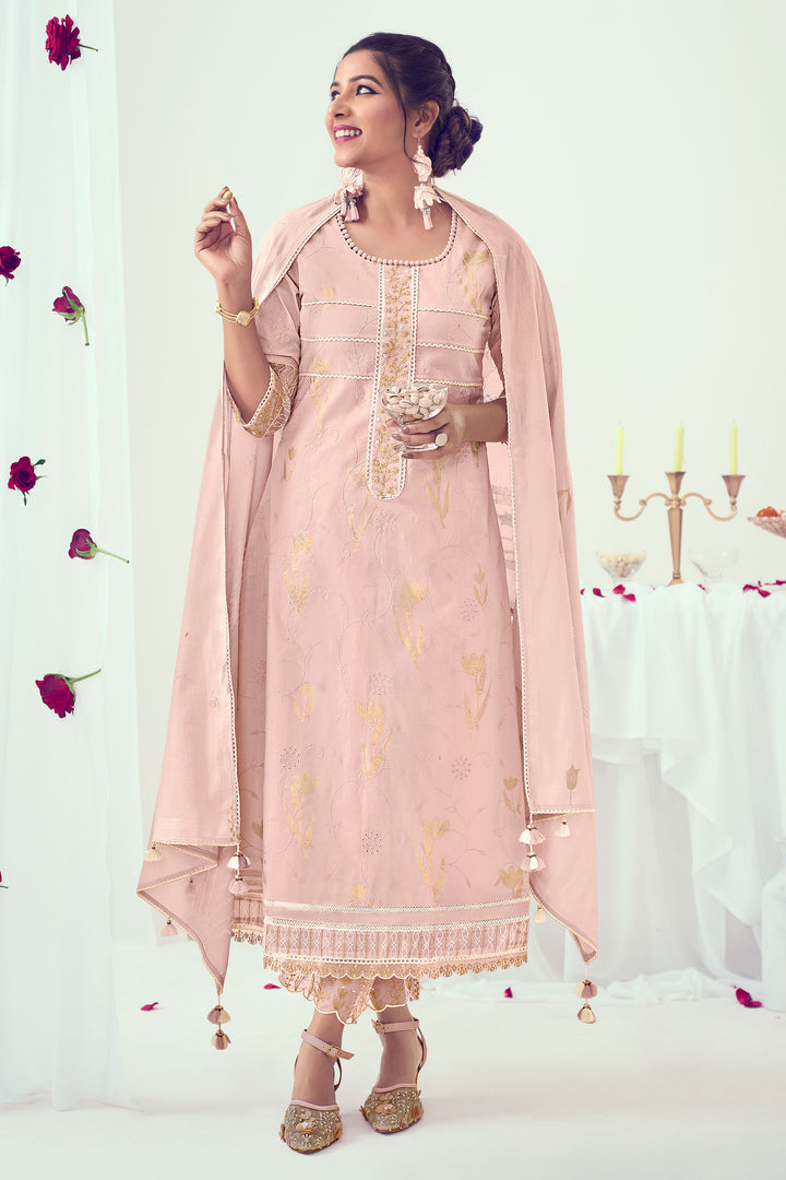Pink Pure Cotton Foil Print With Embroidery Work Fashionable Suit