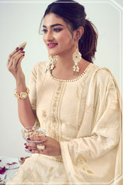 Cream Pure Cotton Foil Print With Embroidery Work Stylish Dress