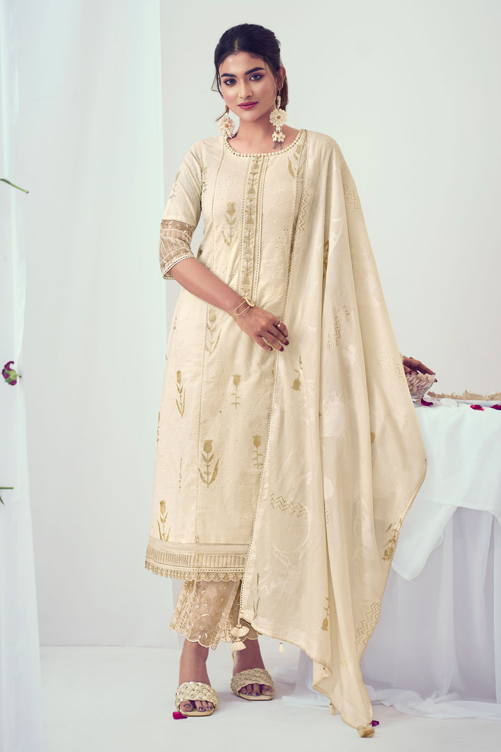 Cream Pure Cotton Foil Print With Embroidery Work Stylish Dress