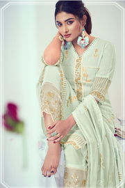 Attractive Pure Cotton Foil Print With Embroidery Work Salwar Kameez In Sea Green Color