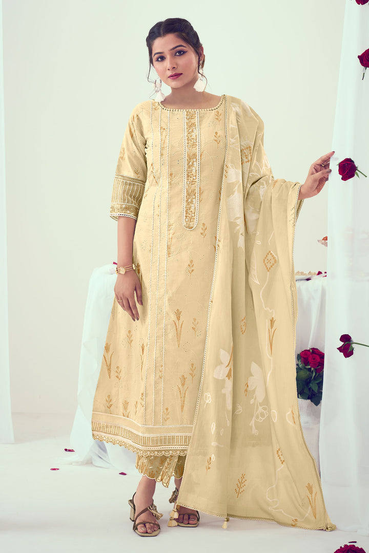 Beautiful Pure Cotton Foil Print With Embroidery Work Salwar Suit In Light Yellow Color
