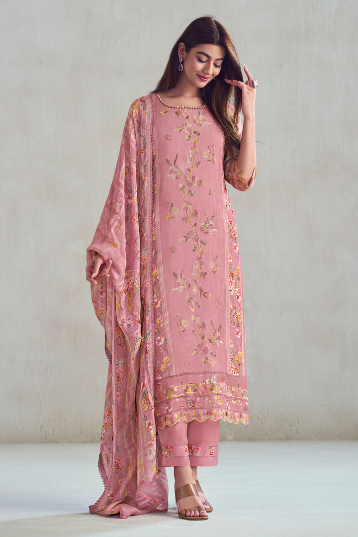 Pure Moga Silk Checks Placement Embroidery Digital Print Long Straight Cut Salwar Kameez