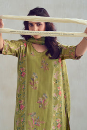 Green Pure Moga Silk Checks Placement Embroidery Digital Print Long Straight Cut Salwar Suit