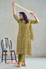 Load image into Gallery viewer, Green Pure Moga Silk Checks Placement Embroidery Digital Print Long Straight Cut Salwar Suit
