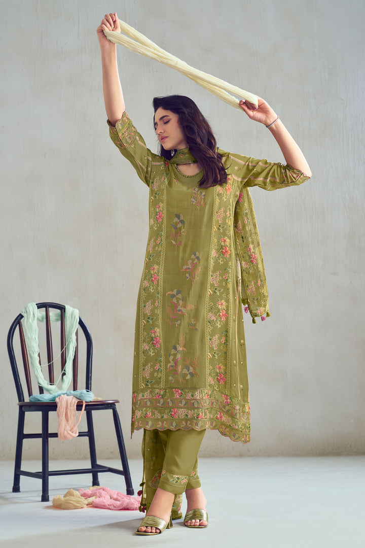 Green Pure Moga Silk Checks Placement Embroidery Digital Print Long Straight Cut Salwar Suit