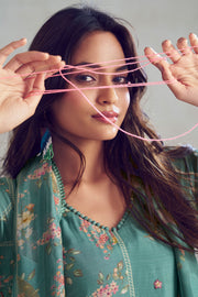 Light Cyan Pure Moga Silk Checks Placement Embroidery Digital Print Long Straight Cut Suit