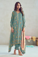 Load image into Gallery viewer, Light Cyan Pure Moga Silk Checks Placement Embroidery Digital Print Long Straight Cut Suit
