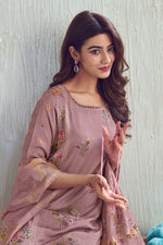 Load image into Gallery viewer, Lavender Pure Moga Silk Checks Placement Embroidery Digital Print Long Straight Cut Dress
