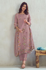 Load image into Gallery viewer, Lavender Pure Moga Silk Checks Placement Embroidery Digital Print Long Straight Cut Dress
