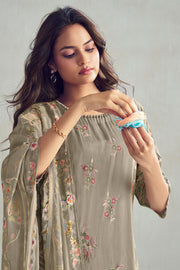 Pure Moga Silk Checks Placement Embroidery Digital Print Long Straight Cut Salwar Kameez In Dark Beige Color