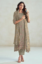 Load image into Gallery viewer, Pure Moga Silk Checks Placement Embroidery Digital Print Long Straight Cut Salwar Kameez In Dark Beige Color
