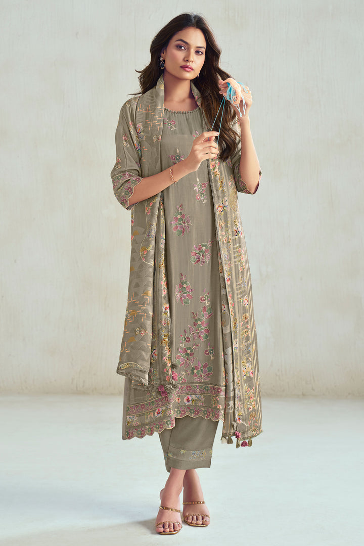 Pure Moga Silk Checks Placement Embroidery Digital Print Long Straight Cut Salwar Kameez In Dark Beige Color