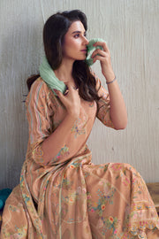 Peach Checks Placement Embroidery Digital Print Long Straight Cut Salwar Suit