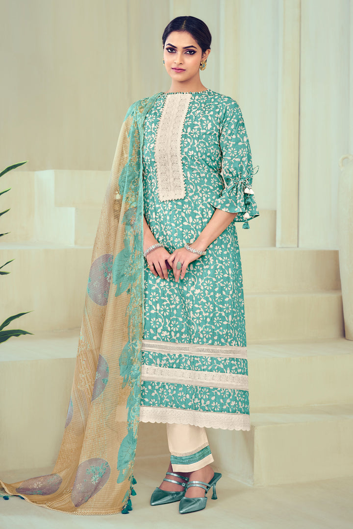 Cyan Color Pure Cotton Block Print Katha Work Salwar Kameez