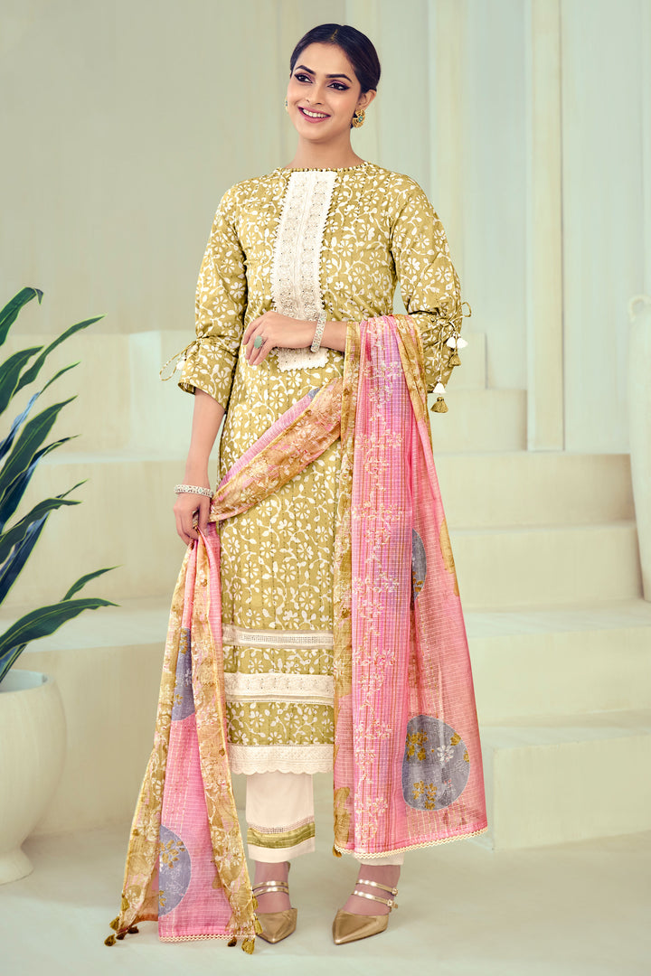 Beige Color Pure Cotton Block Print Katha Work Salwar Suit