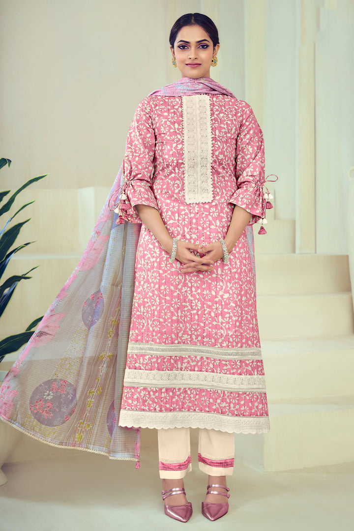 Pink Pure Cotton Block Print Katha Work Suit