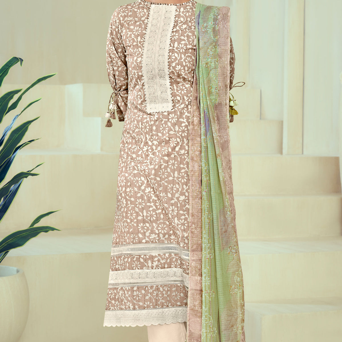 Dark Beige Color Pure Cotton Block Print Katha Work Dress – Jay Vijay ...